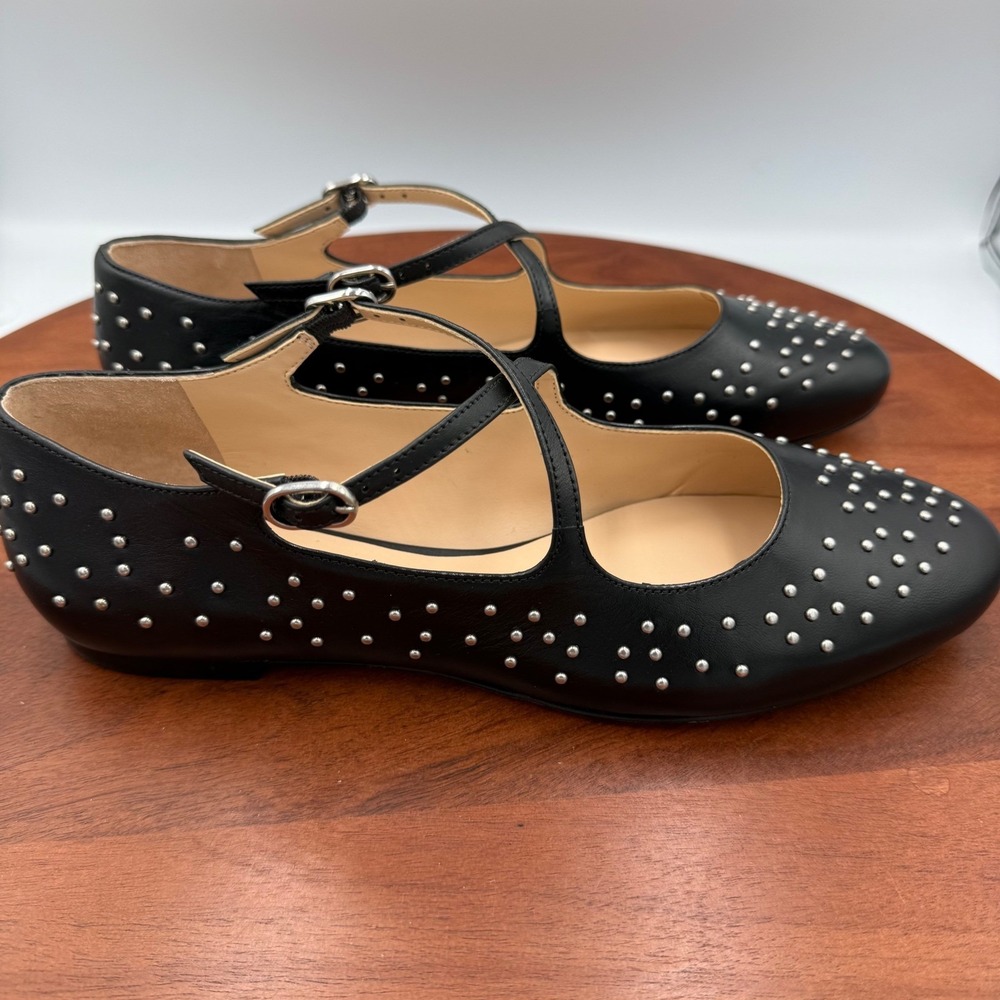 Maeve Black Leather Studded X Strap Goth Mary‎ Jane Flats Size 8 Made in Brazil